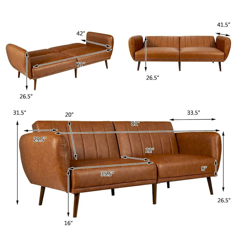 Divano Letto Futon Convertibile in Pelle PU, Divano Letto Regolabile con Gambe in Legno - 81 x 33,5 x 31,5 (L x P x A)