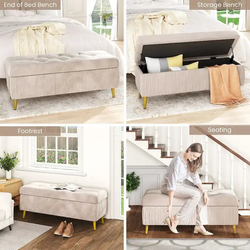 Panca ottomana contenitore moderna trapuntata, panca contenitore rivestita in velluto con bottoni, perfetta per camera da letto, soggiorno, ingresso