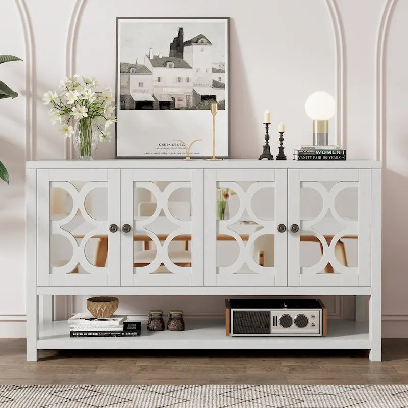 Elegante Consolle Retro/Mobile Contenitore/Madia con Ante a Specchio, Ripiani Spaziosi e Gambe Robuste in Legno di Acacia