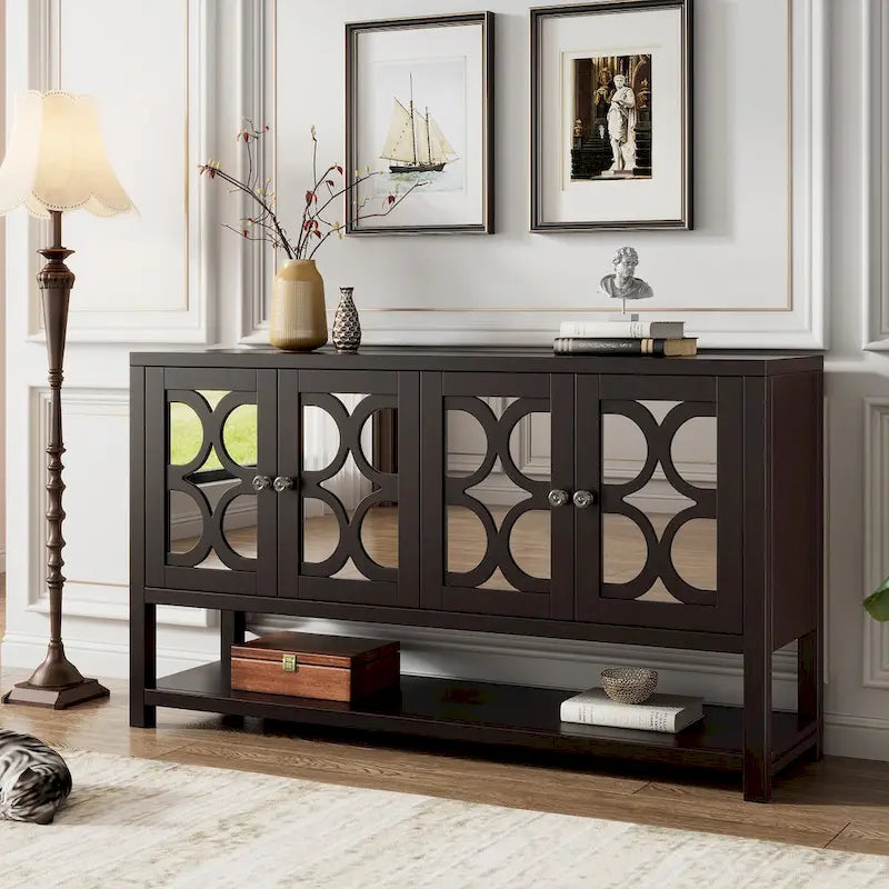 Elegante Consolle Retro/Mobile Contenitore/Madia con Ante a Specchio, Ripiani Spaziosi e Gambe Robuste in Legno di Acacia