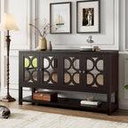 Elegante Consolle Retro/Mobile Contenitore/Madia con Ante a Specchio, Ripiani Spaziosi e Gambe Robuste in Legno di Acacia