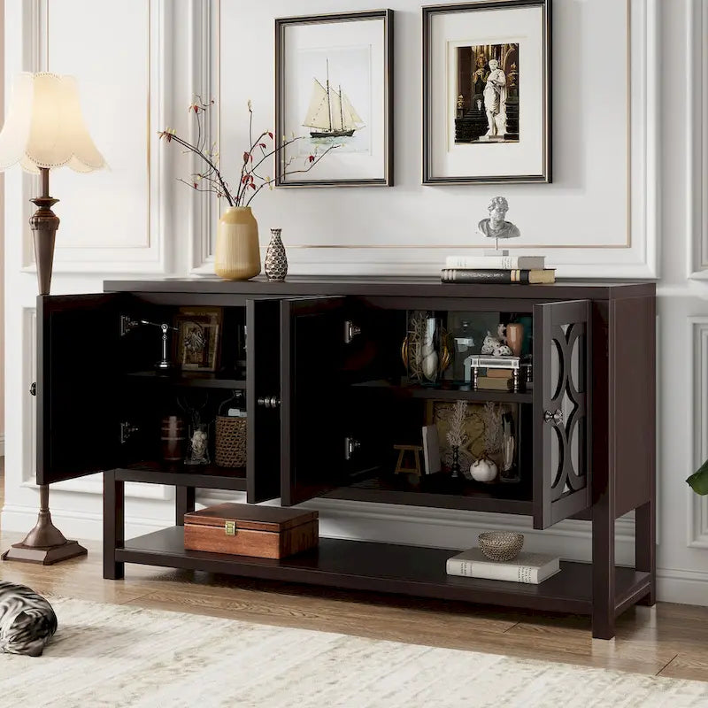 Elegante Consolle Retro/Mobile Contenitore/Madia con Ante a Specchio, Ripiani Spaziosi e Gambe Robuste in Legno di Acacia