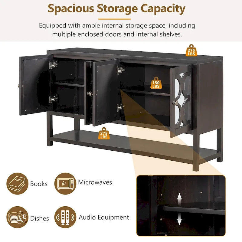 Elegante Consolle Retro/Mobile Contenitore/Madia con Ante a Specchio, Ripiani Spaziosi e Gambe Robuste in Legno di Acacia