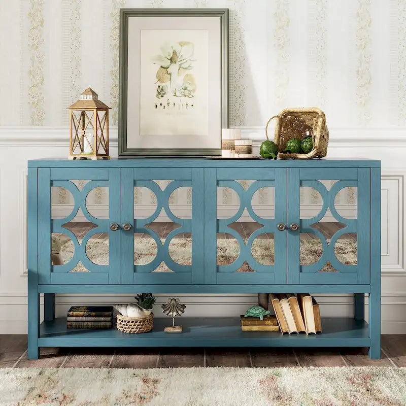 Elegante Consolle Retro/Mobile Contenitore/Madia con Ante a Specchio, Ripiani Spaziosi e Gambe Robuste in Legno di Acacia