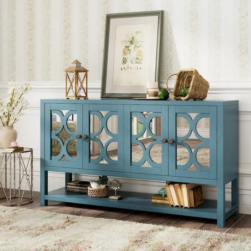 Elegante Consolle Retro/Mobile Contenitore/Madia con Ante a Specchio, Ripiani Spaziosi e Gambe Robuste in Legno di Acacia