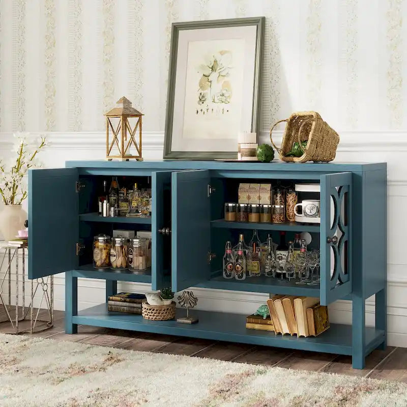 Elegante Consolle Retro/Mobile Contenitore/Madia con Ante a Specchio, Ripiani Spaziosi e Gambe Robuste in Legno di Acacia