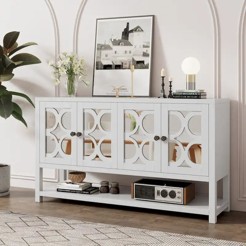 Elegante Consolle Retro/Mobile Contenitore/Madia con Ante a Specchio, Ripiani Spaziosi e Gambe Robuste in Legno di Acacia
