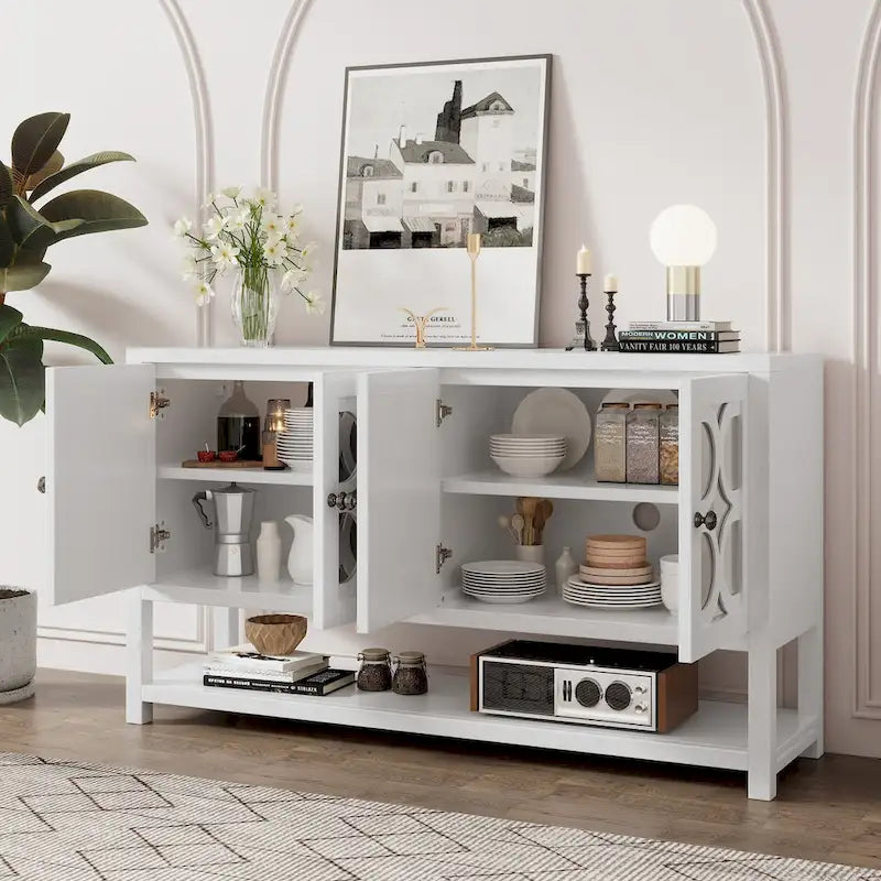 Elegante Consolle Retro/Mobile Contenitore/Madia con Ante a Specchio, Ripiani Spaziosi e Gambe Robuste in Legno di Acacia